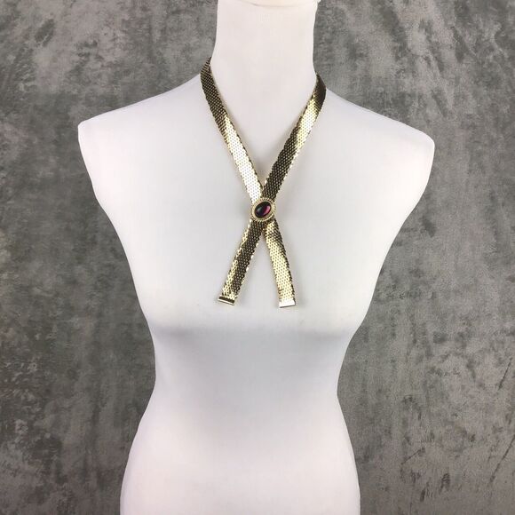 Vintage Goldtone Mesh Collar Necklace Pink Stone Center Snap Fashion Jewelry 28" - Picture 2 of 16